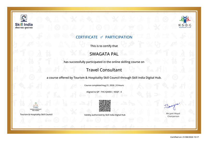 Travel Consultant Certificate - Swagata Pal